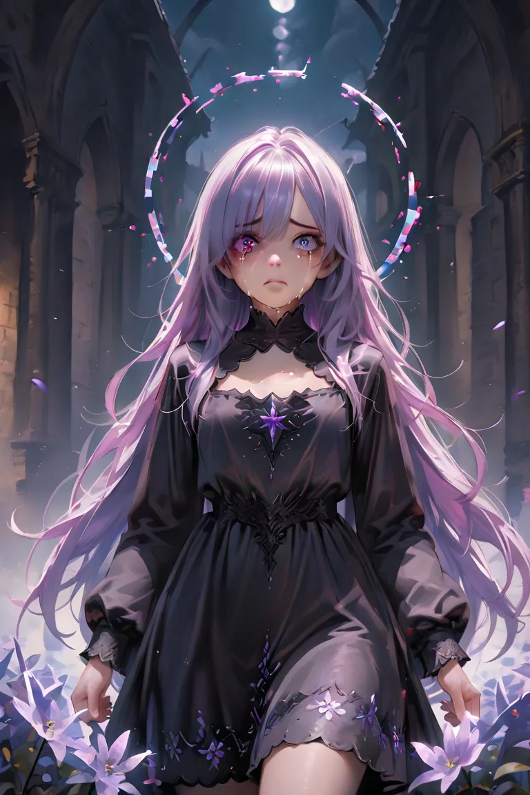 masterpiece, best quality, Detailed Eyes, girl, fantasy, very long purple hair, two color eye, white left eye, purple right eye, cute, small, sister, semi realistic, 8k, black blouse dress with purple secondary color, night medieval flower garden, solo cha...