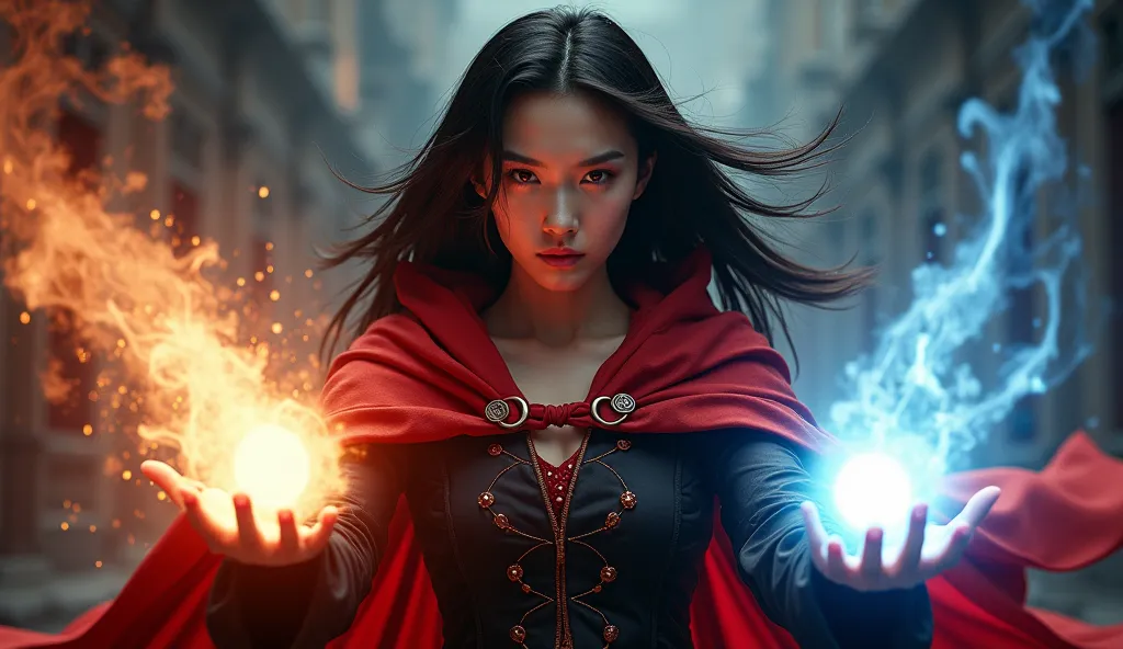 A 22-year-old Korean woman, wearing a red cape, holding a glowing ball, super villain, casting a fireball, casting an ice ball, by Yang J, still from a fantasy movie, artgerm and ruan jia.