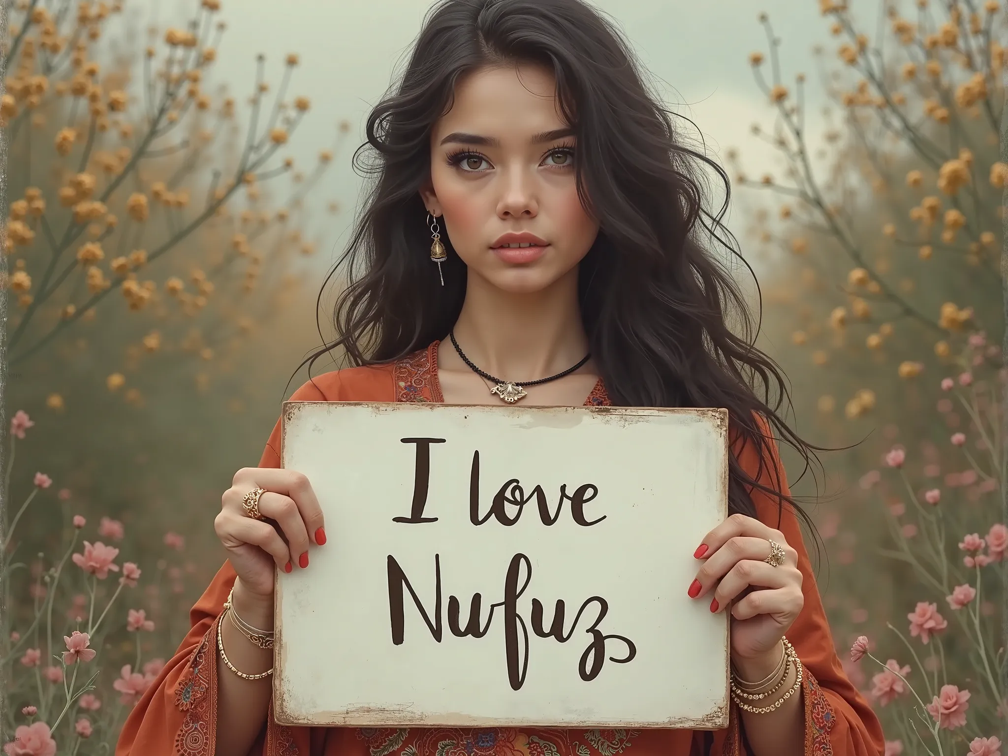 Beautiful Uzbek girl with wavy long hair in a bohemian dress, Holding a white board marked "I Love Nufuz" and showing it to the viewer