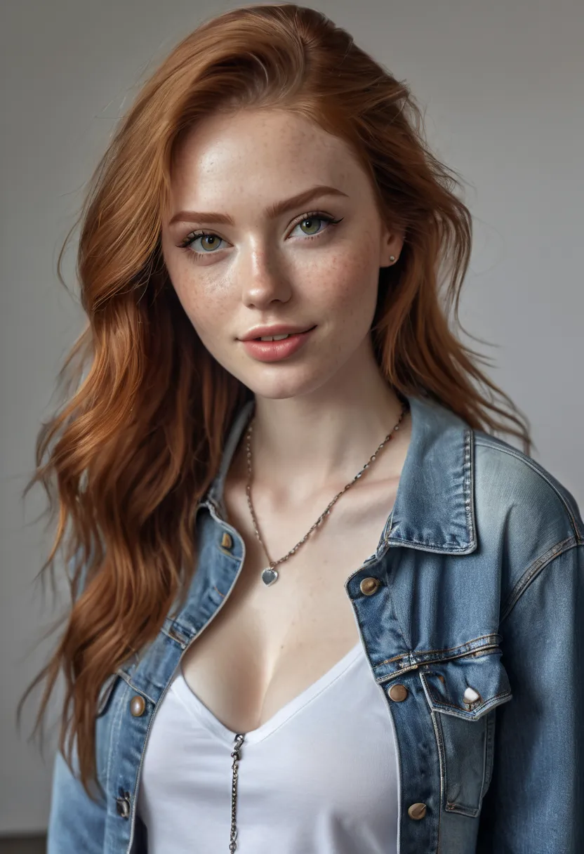 hyperrealistic bust of a 20-year-old woman with big breasts and long legs wearing casual clothes, long sleeve shirt with black jeans and sneakers, model photographing full body photography, natural redhead long straight hair , freckles, soaked skin,  Dark ...