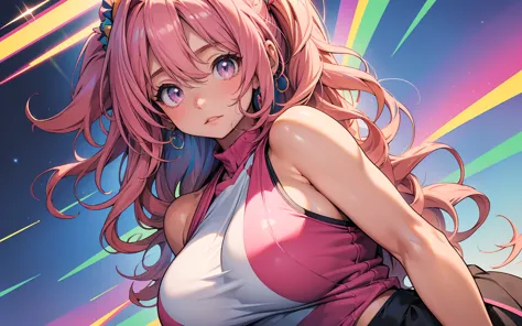 (best quality), masterpiece, extremely detailed CG uniform 8K illustration, high color, extremely high color saturation, all colors deepened, center composition, 1 girl, extremely detailed face and eyes, long wavy messy pink hair, tight sleeveless halter s...