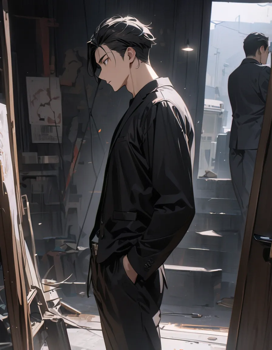 1 person、High Resolution, Super Detail, High Resolution,  Masterpiece with natural light, Super Detail picture, very fine face and eyes, Standing Sideways、adult male、profile、 black hair、with a young yakuza in a black shirt and black suit、Unusual Suspicious...