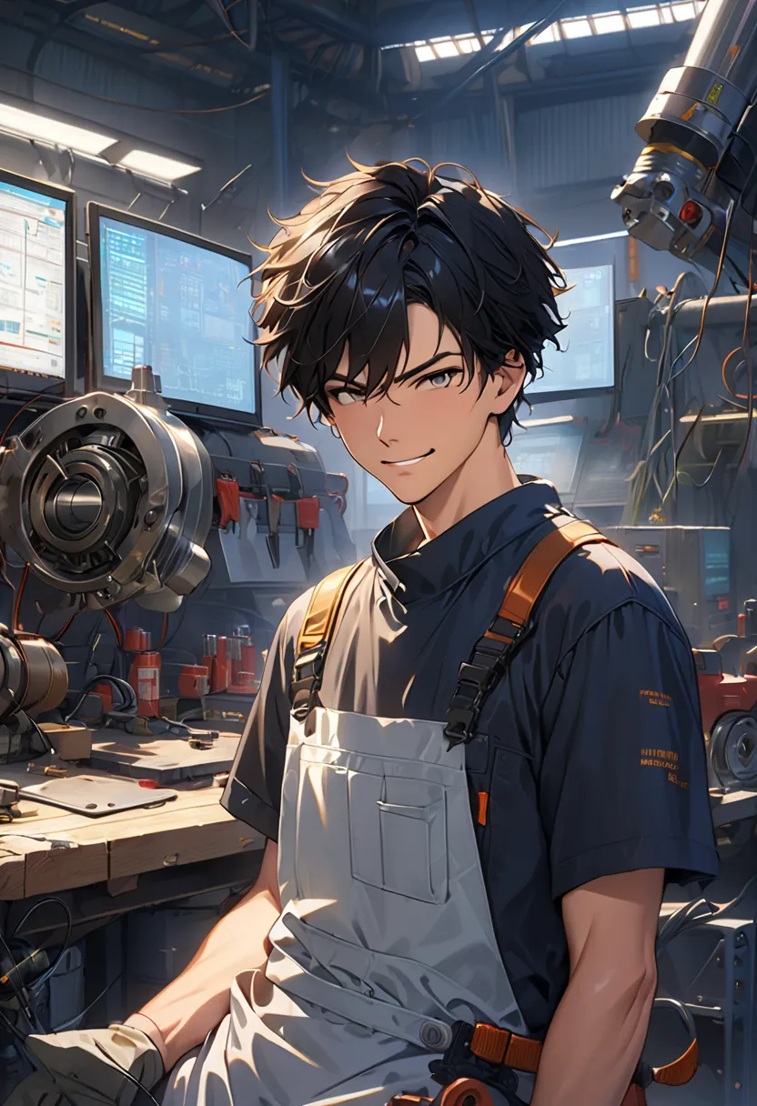 An absurd resolution, High Resolution, (masterpiece: 1.4), Super Detail,  Young Man's Messy Short Black Hair, Welders dressing up,  smirking expression, Factory Advanced Technical Workbench ,  technology sense screen