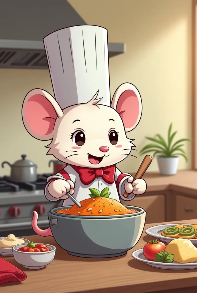 Rat chef butler creating a food recipe, considering that it is a slogan for a robot assistant company. Do it in a friendly and chibi-style animation style. Keep the style of your robot body and make it as chibi and round as possible. Also in the background...