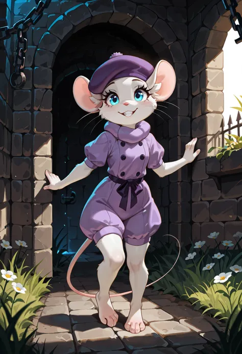Masterpiece, best quality, absurd res, solo, bianca, anthro furry white mouse girl, hat, whiskers, blue eyes, eye lashes, rodent, teeth, wearing purple romper, barefoot, feet paws four toes, dungeon, flowers, grass