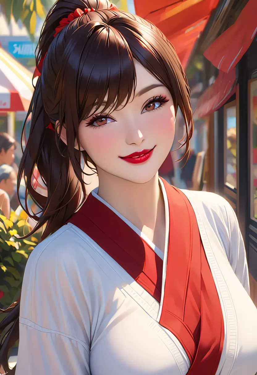 hidden hair,sale,big breasts, red lips,smile,ponytail,realistic