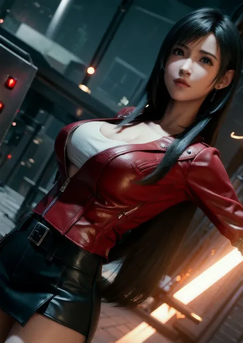 Create an image of Tifa Lockhart. she has beautiful eyes. She wears a red outfit that flows elegantly around her.  Your hair is long and black . The background is dark and dark, reminiscent of the Castlevania sky, with heavy clouds and an atmosphere of mys...