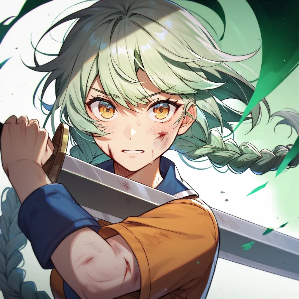 1girl, cute, pretty, light green hair, long hair, two-braids, bangs, yellow eyes, adventure outfit, blood in her body, injured, wound, fighting with sword and green aura, manhwa