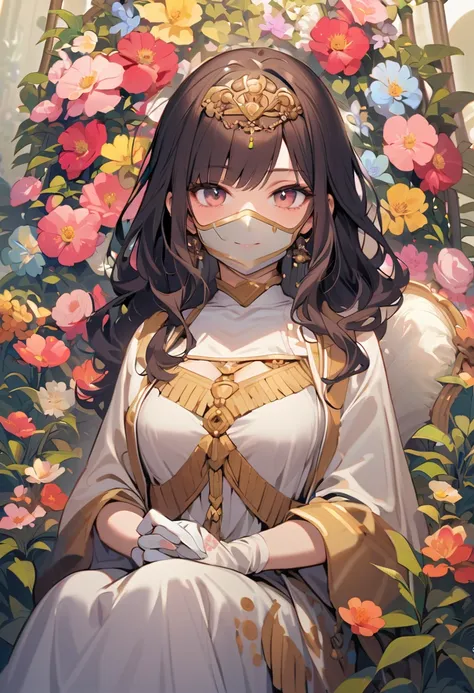 [high quality, best quality, beautiful], 1girl, solo, garden of flowers, gradient hair, long hair, wavy hair, tiara, bangs, glove, looking at viewer, expressionless, subtle smirk, Motherly, medium-large breast, tall, 180cm tall, dark hair, ancient civiliza...