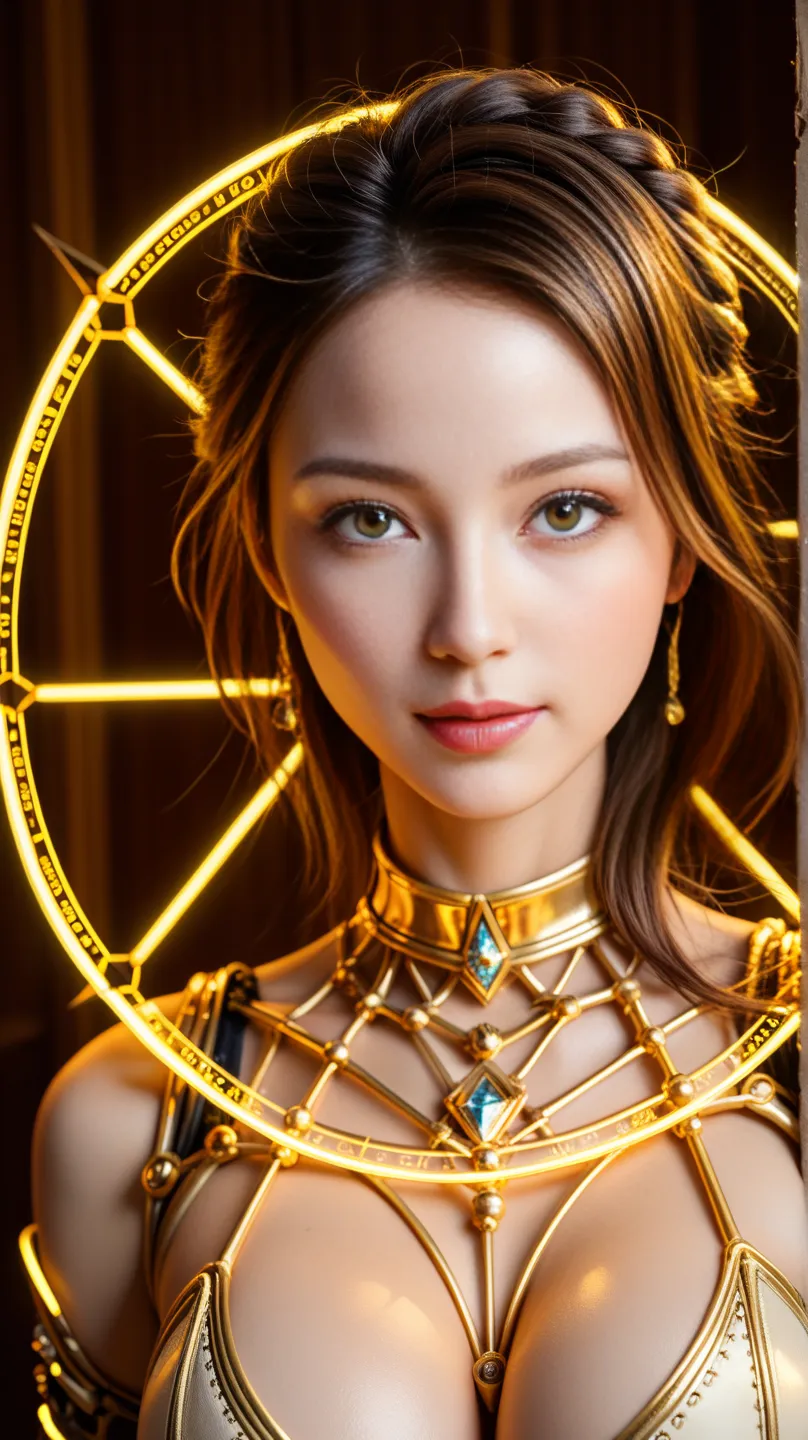 masterpiece, hyperrealistic 8K, ultra-detailed realistic, anatomically correct, attractive female, (beautiful, cute:1.2), highly detailed beautiful face and eyes, random hair style, huge breasts, boots, (((gold trim for exoskeleton))), (crystal jewelry exo...