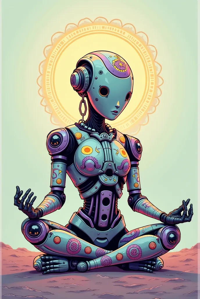 The image shows a stylized representation of what appears to be a cybernetic character with a humanoid form displayed in a way that suggests alignment with spiritual practices, possibly exclaiming or evoking an "om" or a similar sound traditionally associa...