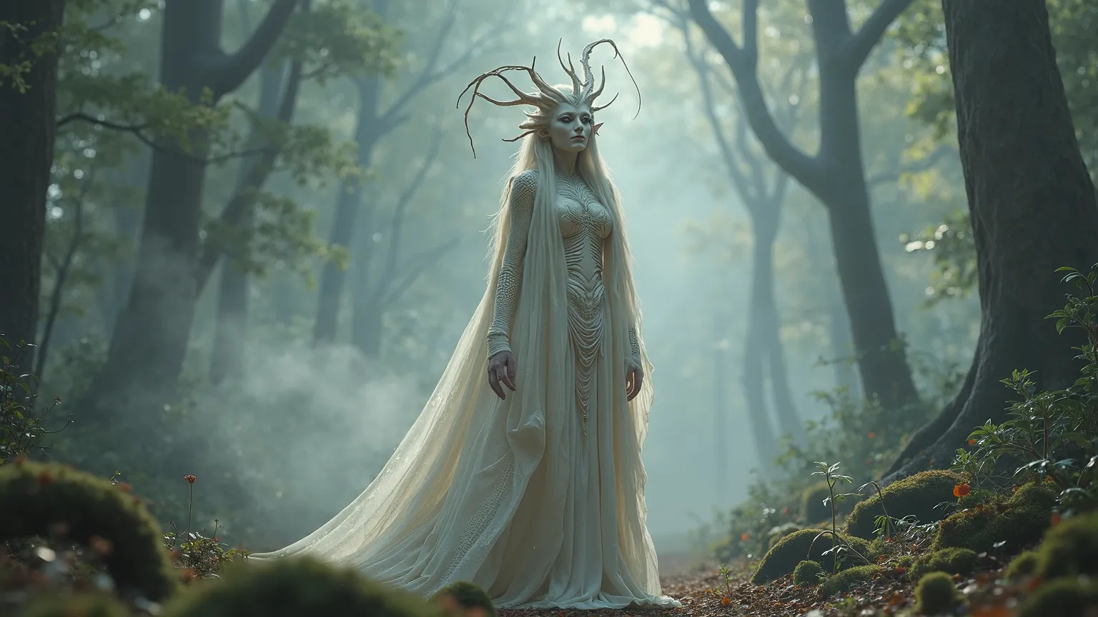 A majestic humanoid ethereal dragon, standing in an ancient misty forest. Its elongated face has a serene but powerful expression, and body is covered with delicate and shiny white scales. Her flowing and translucent tunic is combined Perfectly with her lo...