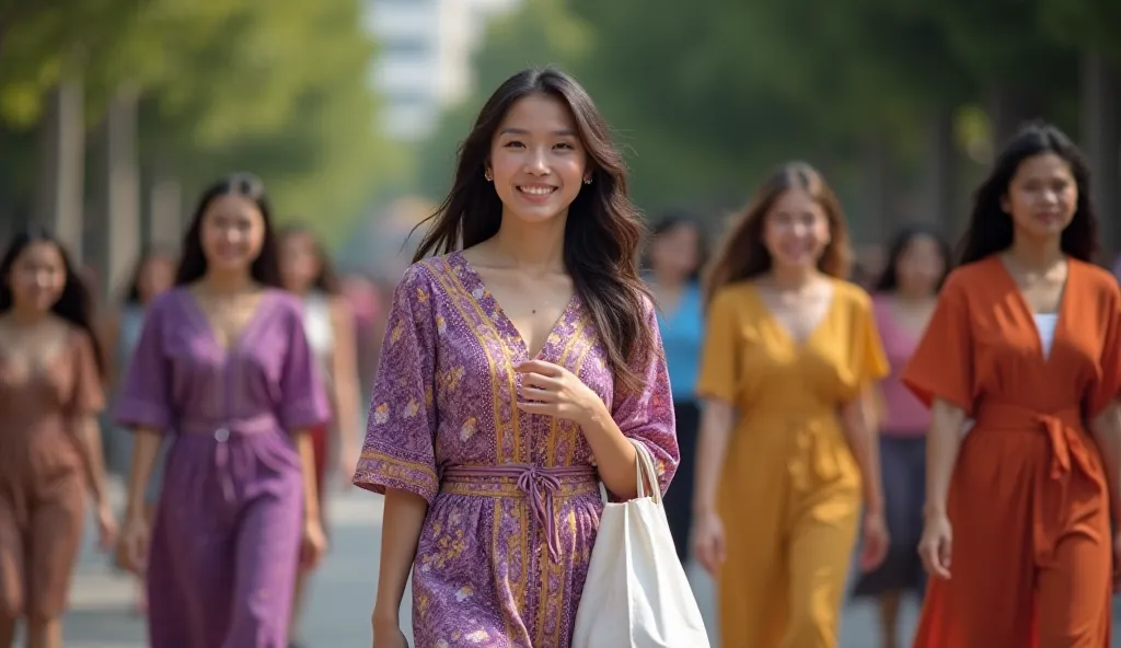 16k .Among the very beautiful young women, there is a very beautiful young woman. She is wearing a light purple and yellow batik dress. She walks proudly. She has a white bag in her hand. She is a young woman of about 28 years old.