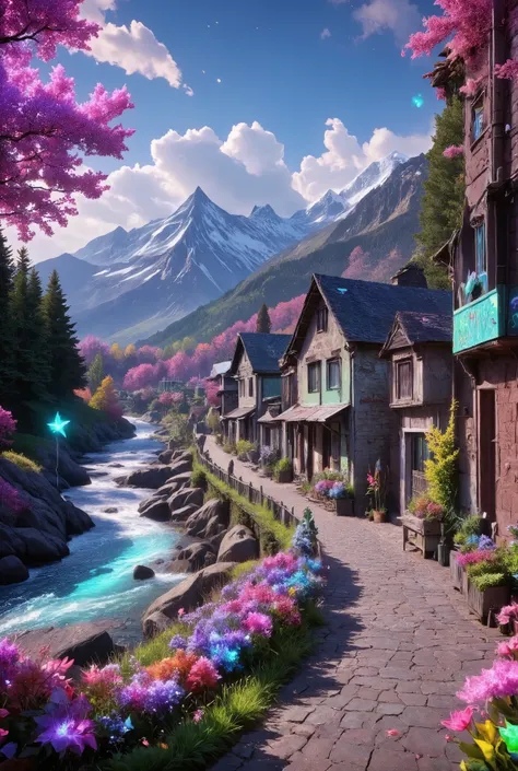  Small village by the river, mountains behind, colorful flowers, detailed landscapes, beautiful natural scenery, atmospheric lighting, scorching sunsets, warm colors, practical photography, detailed leaves, complex buildings, cobbled streets, charming coun...