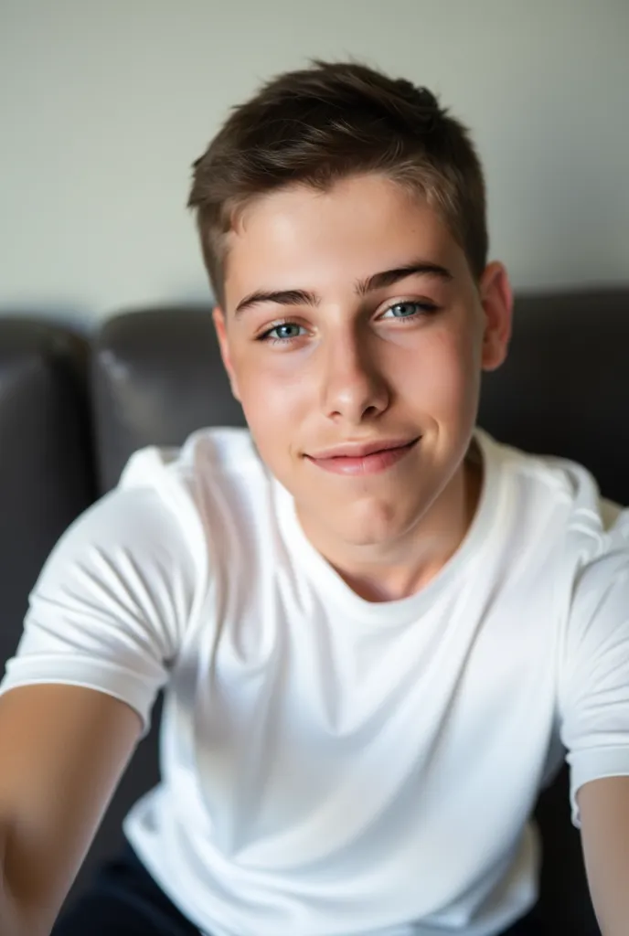 Sitting on a couch no facial hair white shirt selfie style