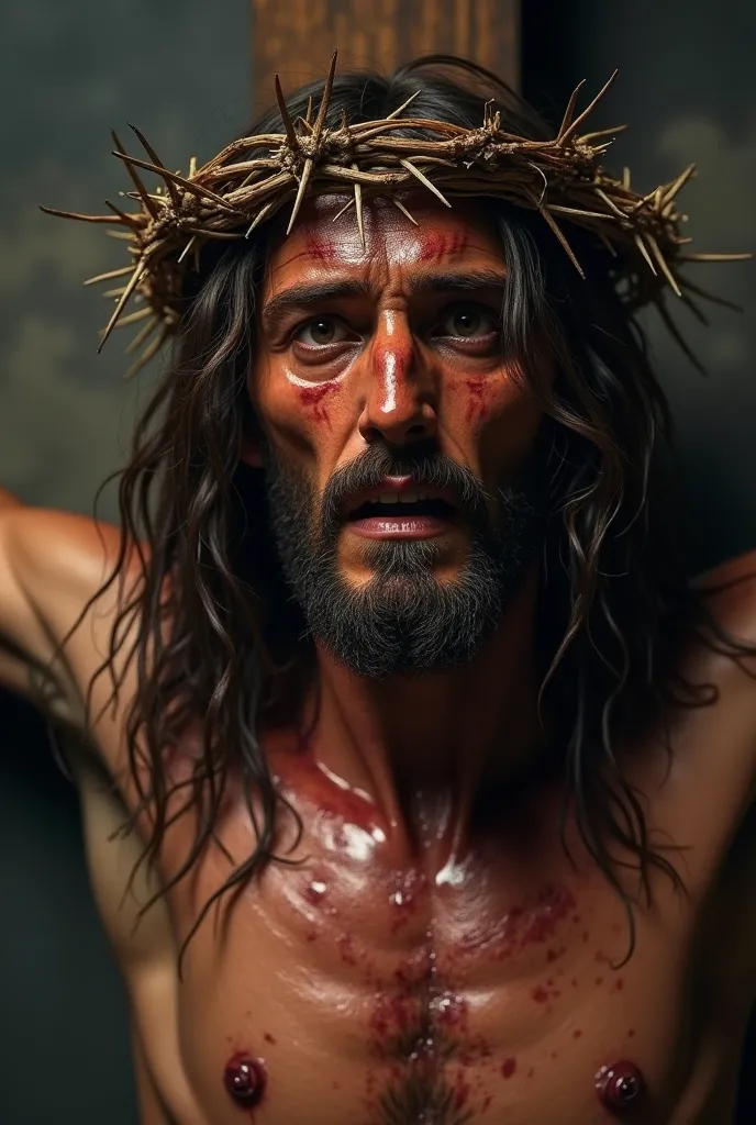  A hyperrealistic portrait of Jesus Christ crucified ,  with long, Loose hair ,  slightly misaligned .  Her face expresses deep pain and compassion ,  with sweat and blood flowing down his forehead due to the crown of thorns .   Your eyes reflect suffering...