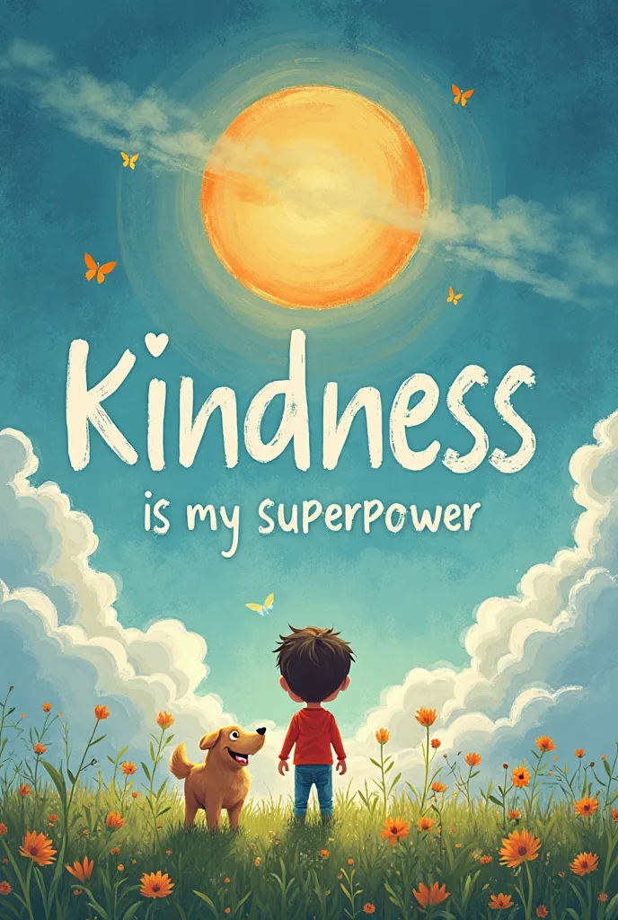 Use " kindness is my superpower" as a reference for your design. Include the title with( eg, fading, bouncing, or glowing).Ads (e.g., the boy , dog, tree,etc). Choose and to match book's theme. Be creative with the background and add extra elements like cl...