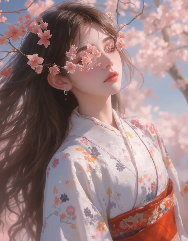 beautiful girl, her eyes are covered with cherry blossom colored flowers、 kimono、Her hair is long anime 
