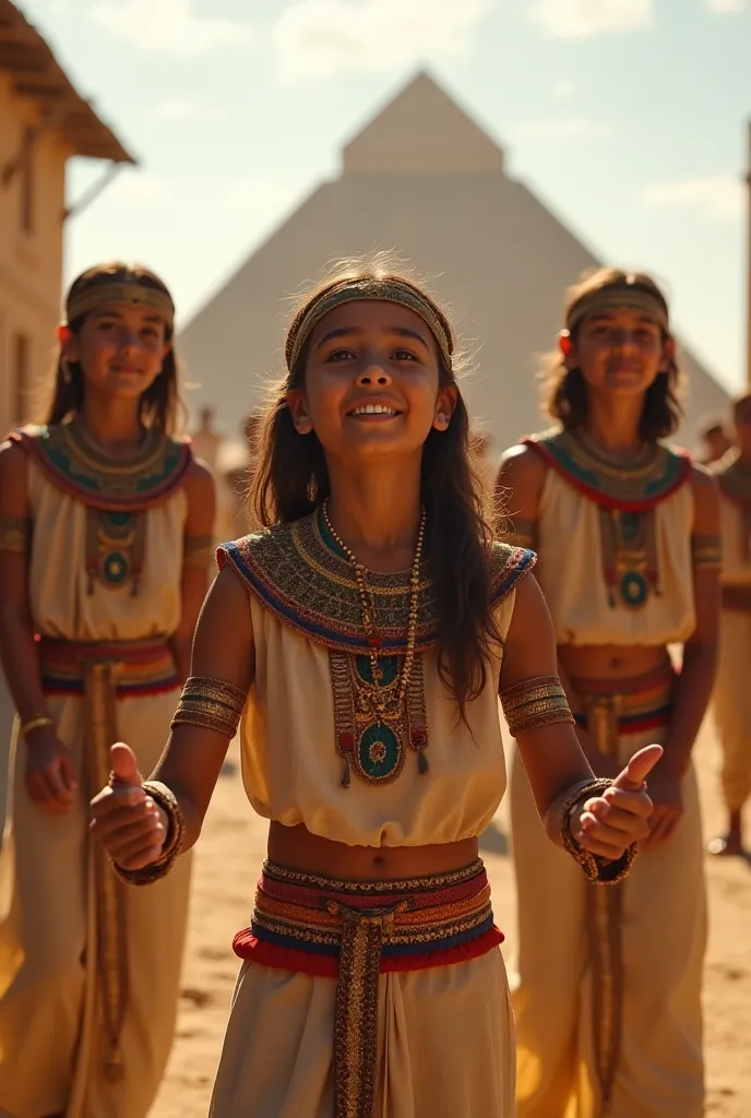 Create a realistic image of a group of very young Egyptian ren playing and forming a wheel while singing traditional songs. They wear typical Egyptian clothing, with colorful fabrics and authentic cultural details. The scene takes place in a historic envir...