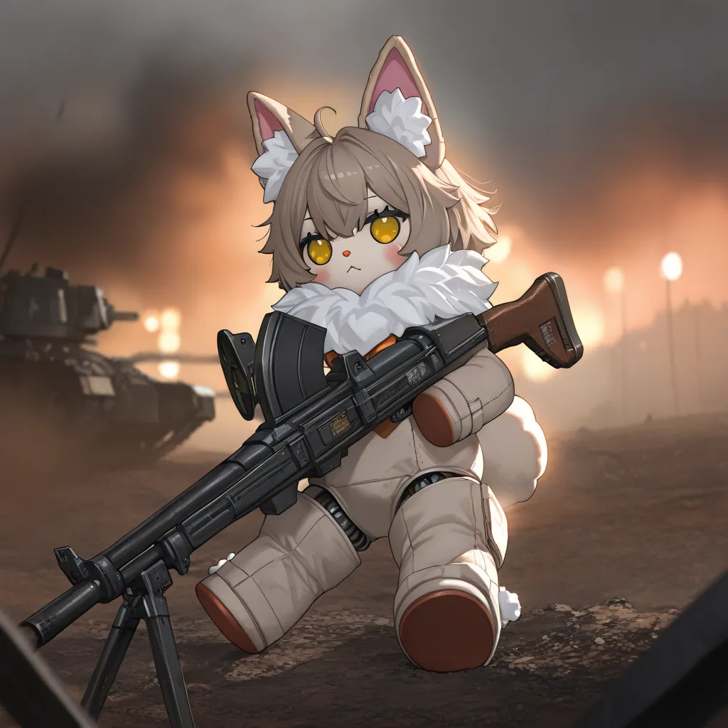 score_9, score_8_up, score_7_up. Epic realistic, RAW, analog, A full body picture of stunningly cute plushie bunny doll, living doll, grabbing machinegun, shooting machinegun, war, battlefield, natural look, masterpiece that captures the essence and cutene...