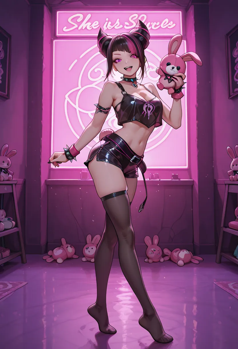 1 woman, \Character "Juri Han"\, with plush toy, Alone, the plush toy is a cute rabbit, she is holding the plush toy, 
\Juri Han\ is wearing a sporty fashionable outfit, bare-shoulders, crop top, daisy dukes, no shoes. long legs, with eyes that convey a mi...