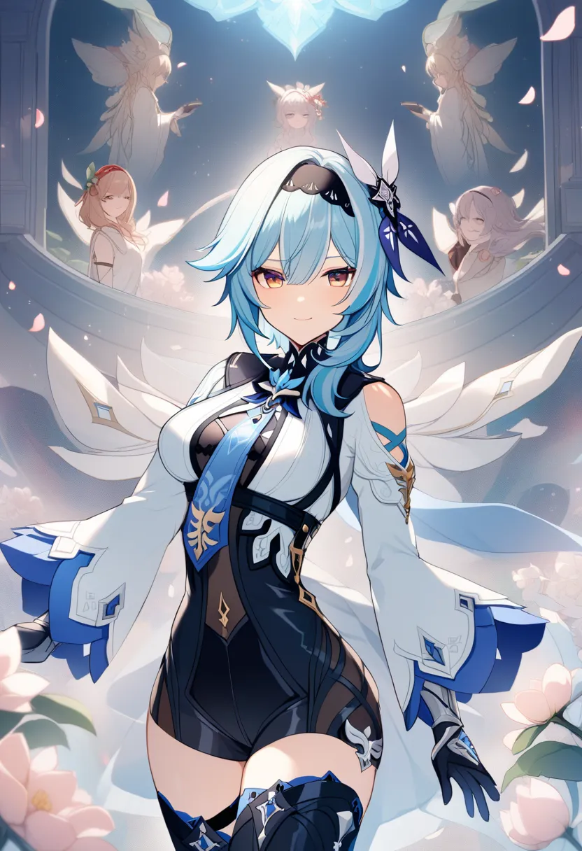 eula_(genshin_impact), blue_hair,  hairband , brown_eyes, blue_cape, black_gloves, blue_necktie, white_shirt, black_shorts, black_thighhighs, puffy_sleeves,  long_sleeves、（top quality)、beautiful woman（red eyes）Cute Elements 。beautiful womanの顔、Shy expressio...