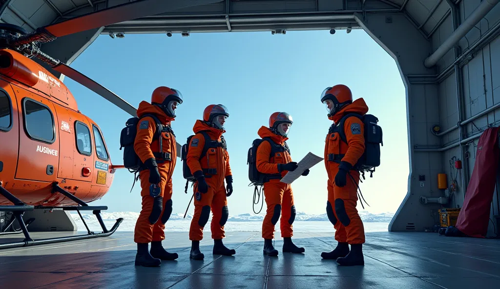 "Inside the hangar of Savannah Savior, Captain Jake, Dr. Lily, Engineer Max, and Pilot Ava are suiting up in their heavy-duty Antarctic rescue gear. Captain Jake, a strong and determined leader, is checking a map. Dr. Lily, the medical expert, is organizin...