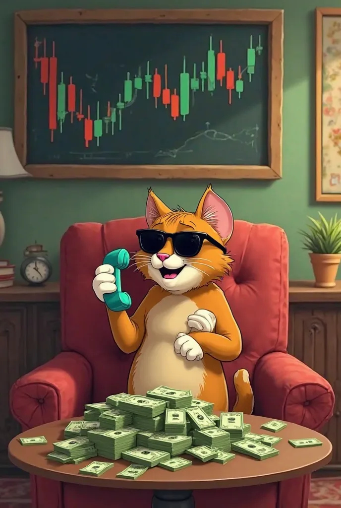 "Scene in the classic animation style of the 20th century. cat, looks like Tom from 'Tom and Jerry', sitting on a chair in a luxury room, holding the phone in his paw and wearing stylish sunglasses. In front of him on a round table rises a huge pile of mon...