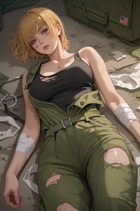 1 girl, confident look, voluptuous, lying on floor, bruises on body, short blonde hair with bangs, moss green military jumpsuit torn, military tag, black tank top, bandages