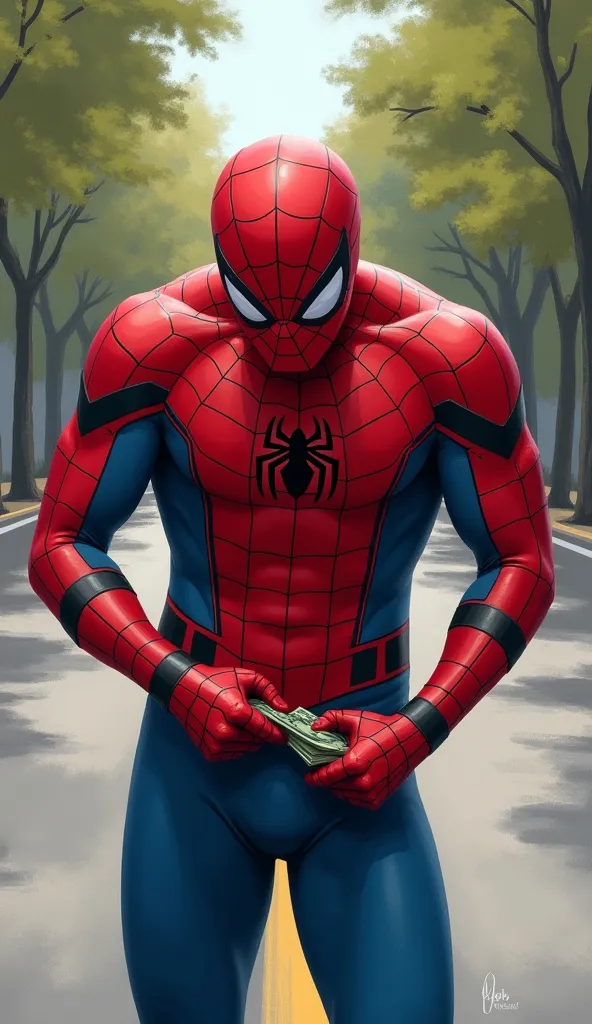 "In a vivid painting, Spider-Man is seen in a funny and relaxed scene, with his head down and his eyes focused on the pocket of his suit, as if he were trying to find money, but finding it empty. He is wearing his iconic red and blue uniform, with the web ...