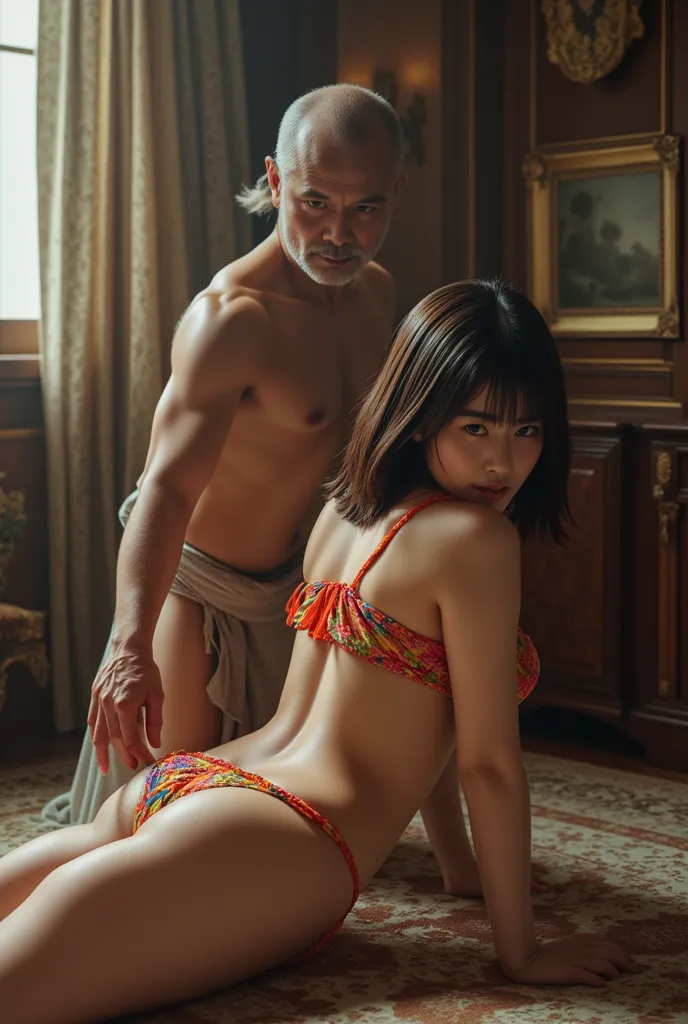 (best quality、4K、 nothing )、Japanese women in colorful micro bikinis、A woman prostrate in front of an old man wearing a loincloth、poor bust、President&#39;s Office