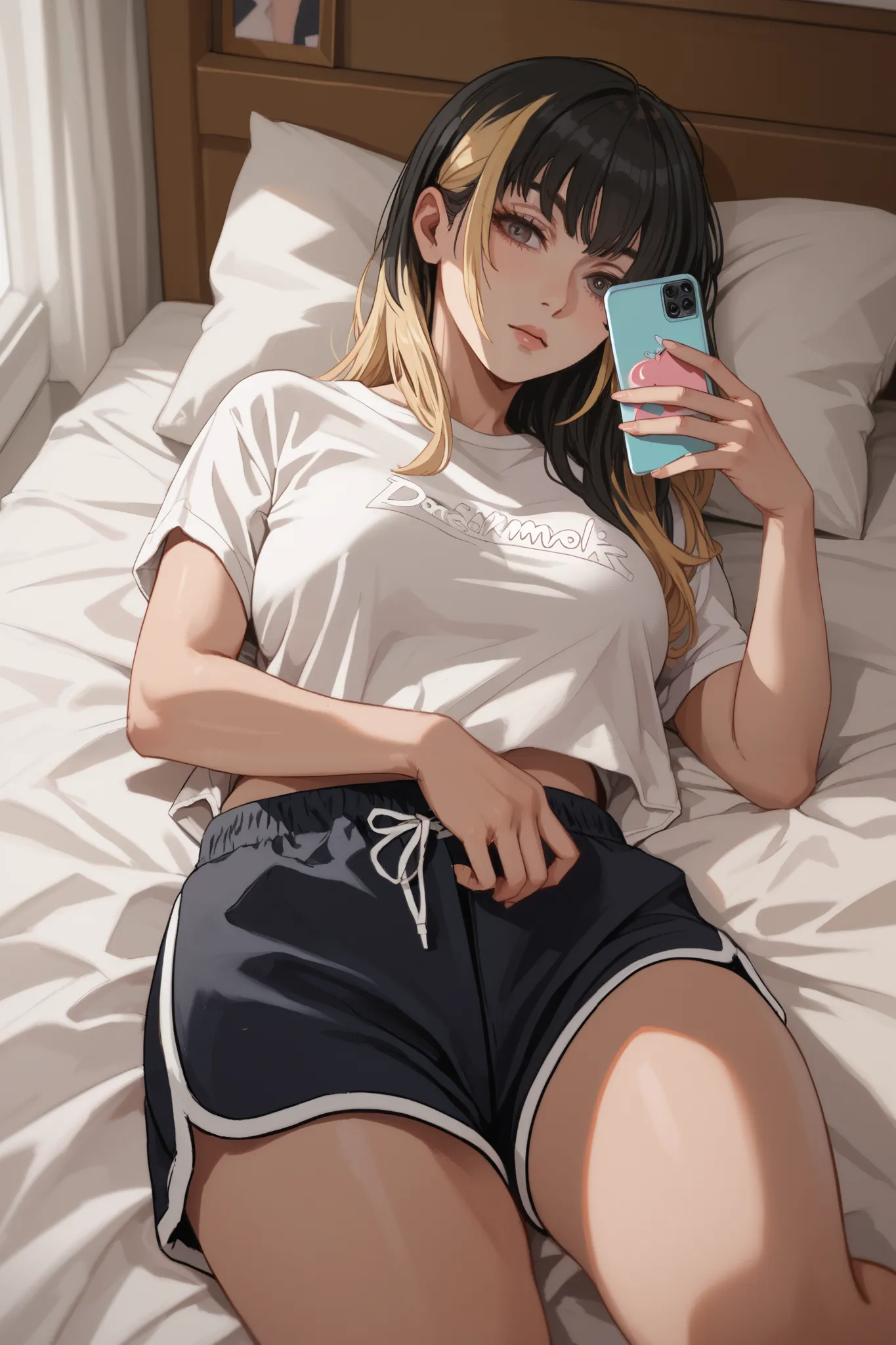 1 girl, black hair with blonde highlights, bangs, voluptuous, loose white t-shirt, showing shoulder, black tight dolphin shorts, messing with the cell phone, bed, bedroom dark illuminated by the cell phone screen, lying down 