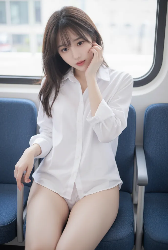 A age female high school student with a G cup sitting on the chair across from the train、I only wear white shirts。Generate an image of 、nipples are visible。The legs are placed on a chair and、 M-shaped leg opening 。panties are wet。