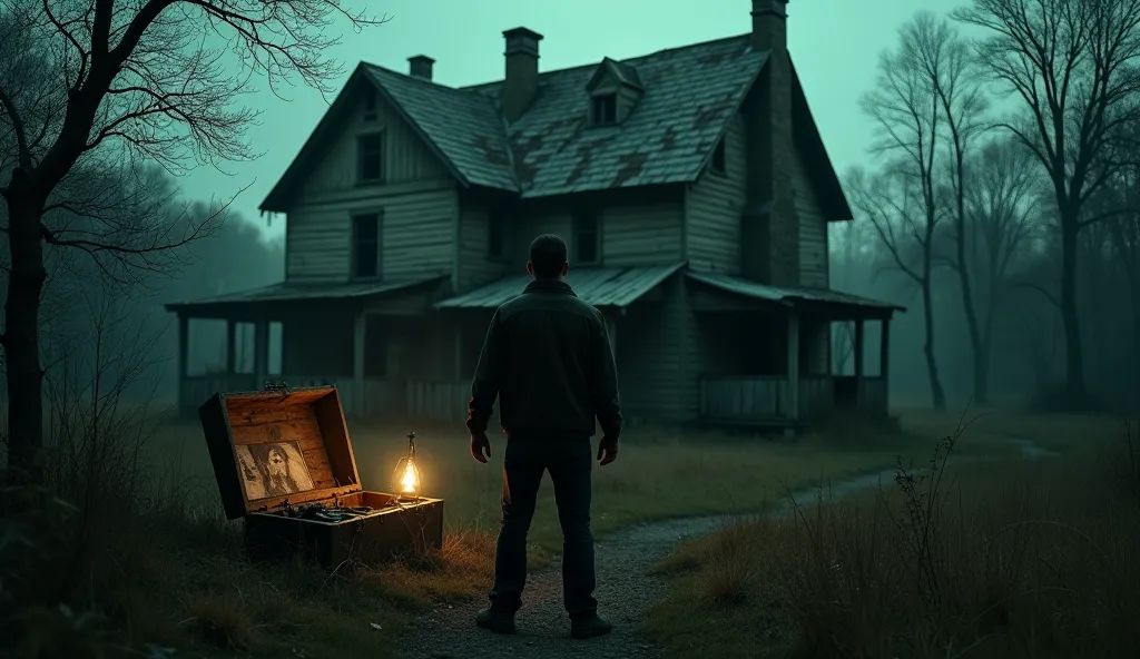 *An abandoned old house in the middle of the dark, misty forest. His walls covered with cracks, the roof dilapidated, and an unnatural greenish glow seeps through the windows. In front of the house, among thickets of tall grass, a man stands with his back ...