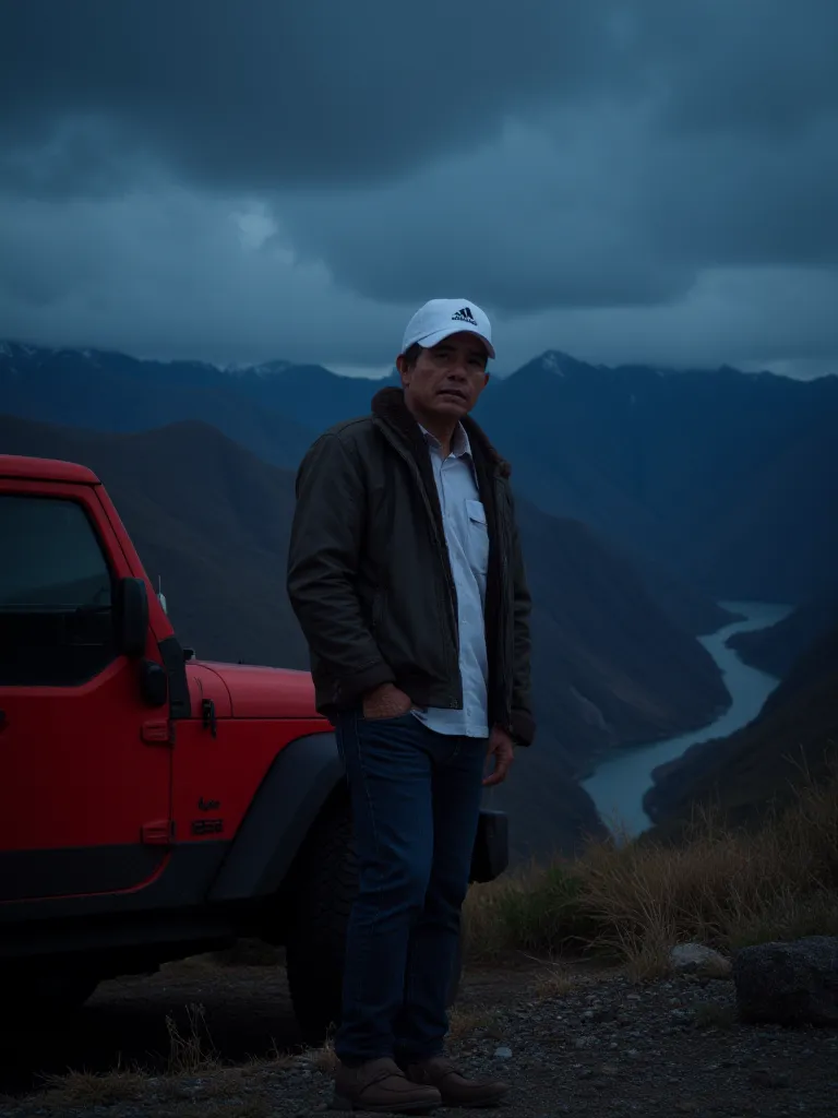 realistic style, full body shot, 55yo Indonesian middle-aged man with short hair wearing a white hat with adidas logo, jacket, white shirt, jeans and loafers, standing in front of a red jeep wrangler on a hill, with a panoramic view of mountains, rivers an...