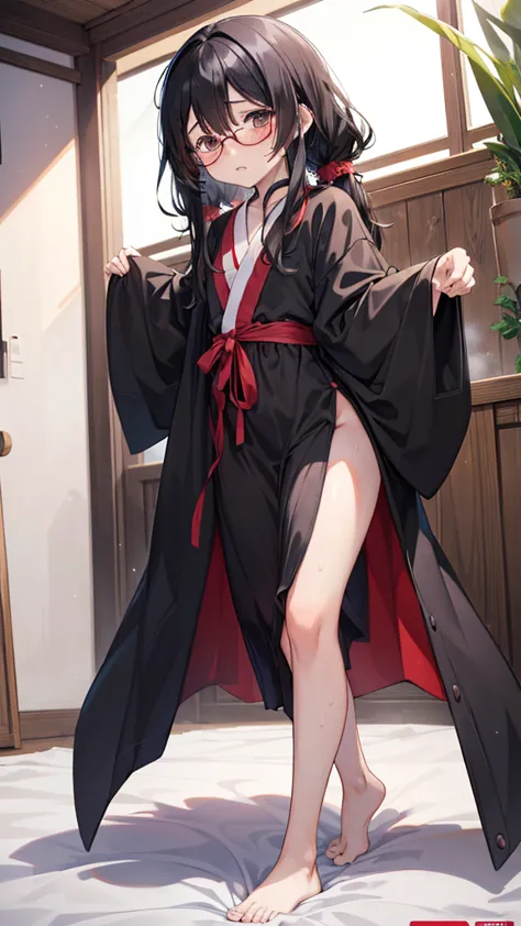 Anime style illustration: sister in a robe ,18 years old,  anime character , official character art, full body, женская аниме девушка сестра 18 years old, (black hair:1.5), (sunburnt:0.5), (Sweaty:1.2), glasses, on the bed, (cute posing :1.5), looks at vie...