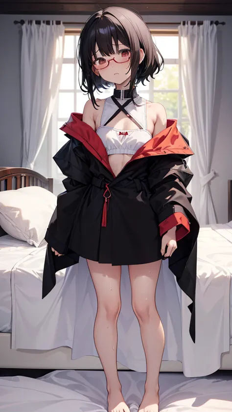 Anime style illustration: sister in a robe ,18 years old,  anime character , official character art, full body, женская аниме девушка сестра 18 years old, (black hair:1.5), (sunburnt:0.5), (Sweaty:1.2), glasses, on the bed, (cute posing :1.5), looks at vie...