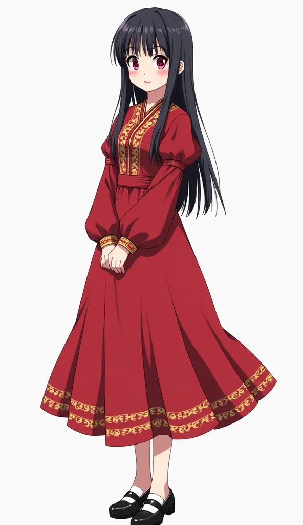 Japanese anime adolescent woman with long straight black hair and intense magenta eyes and wears a red folk dress with gold details. The garment has puffed sleeves and a wide skirt with gold embroidery, which suggests that it is traditional attire for danc...