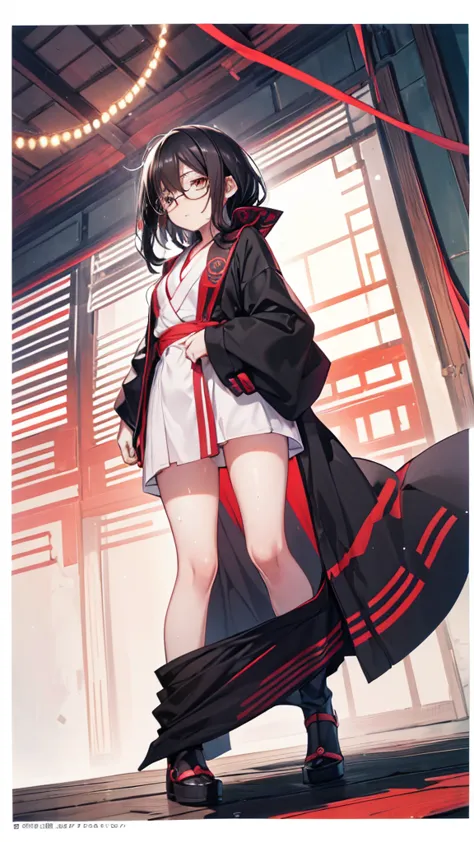 Anime style illustration: sister in a robe ,18 years old,  anime character , official character art, full body, женская аниме девушка сестра 18 years old, (black hair:1.5), (sunburnt:0.5), (Sweaty:1.2), glasses, on the bed, (cute posing :1.5), looks at vie...