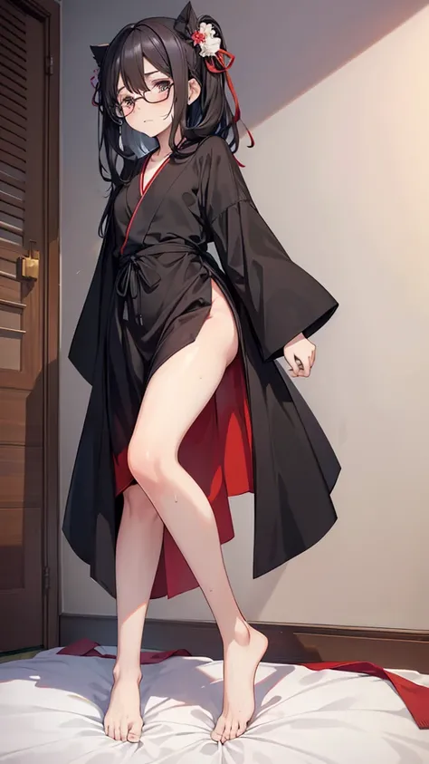 Anime style illustration: sister in a robe ,18 years old,  anime character , official character art, full body, женская аниме девушка сестра 18 years old, (black hair:1.5), (sunburnt:0.5), (Sweaty:1.2), glasses, on the bed, (cute posing :1.5), looks at vie...