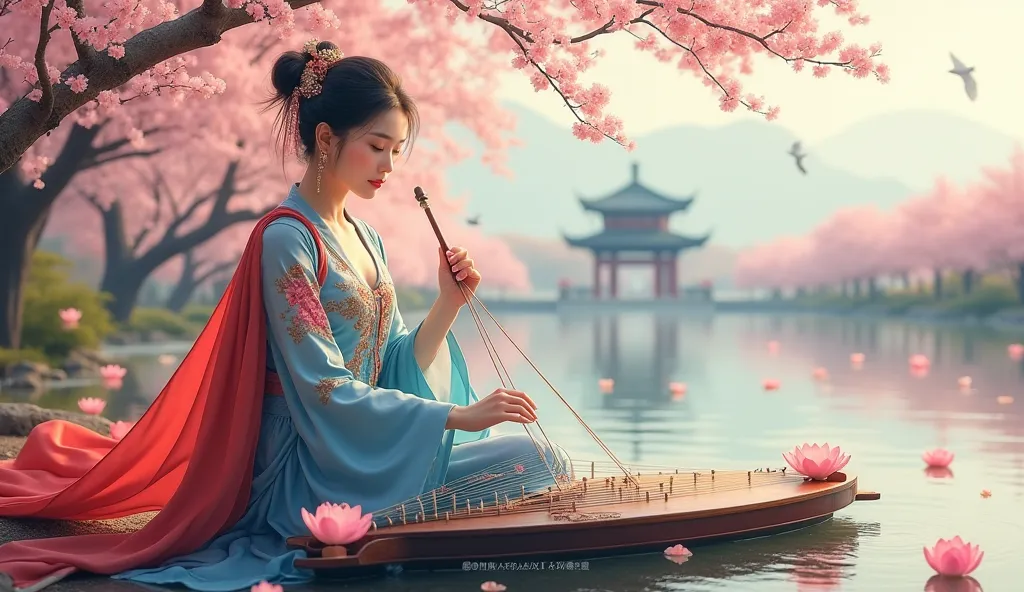 "A beautiful Chinese maiden gracefully playing the guzheng in a serene, traditional garden. She wears an elegant, floral-embroidered blue dress with a flowing red shawl, adorned with intricate hair ornaments and earrings. The setting is peaceful, with cher...