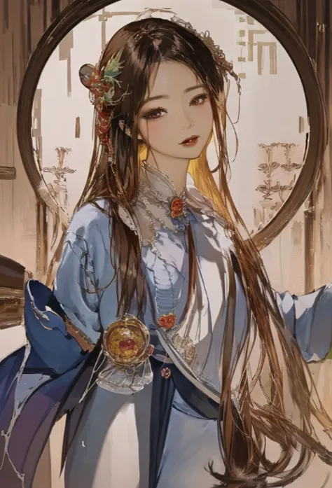 A beautiful woman with a small face and a long neck、Picture of a Woman with Long Hair and a Fan, Korean Art Nouveau Animation, Beautiful and Exquisite Paintings, Jean J., beautiful character drawing, Complex and beautiful painting, Chen Yifei , julianne, ,...