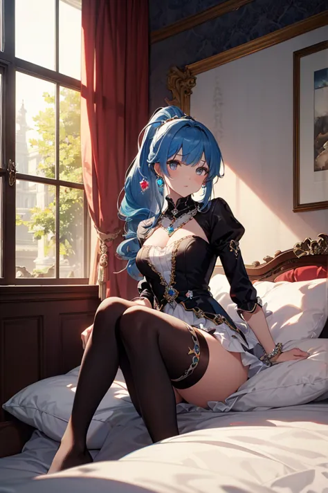 4k,High resolution,one woman,blue hair,long ponytail,princess,jewelry decoration,Crystal decoration,palace, sit on bed,