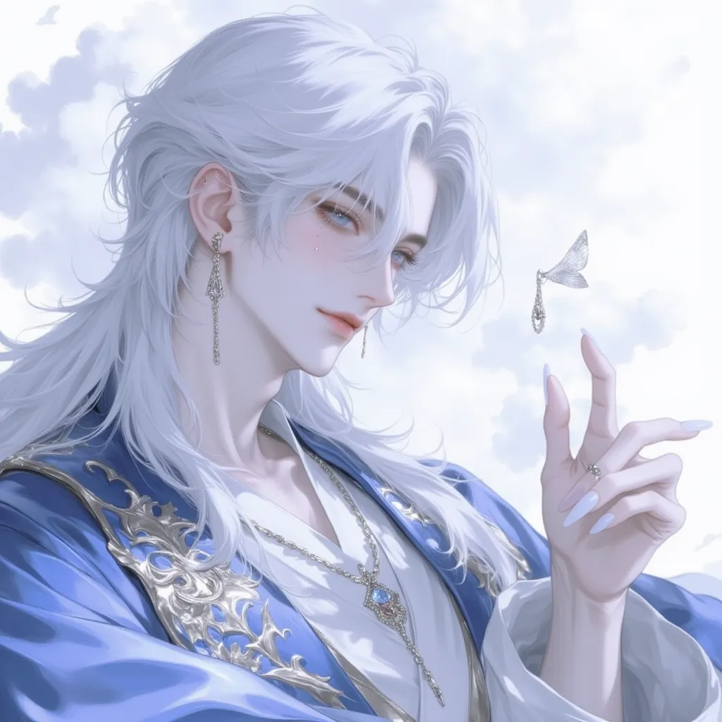  Male, 1 person,  Adult , Wear a luxurious white and blue kimono, long white hair, Aromatic blue eyes ,Long pointed ears , background on a white cloud,  casting, Wear bright white jewelry., Blue Shadow Light ,  realistic detail , Clear Details, long white ...