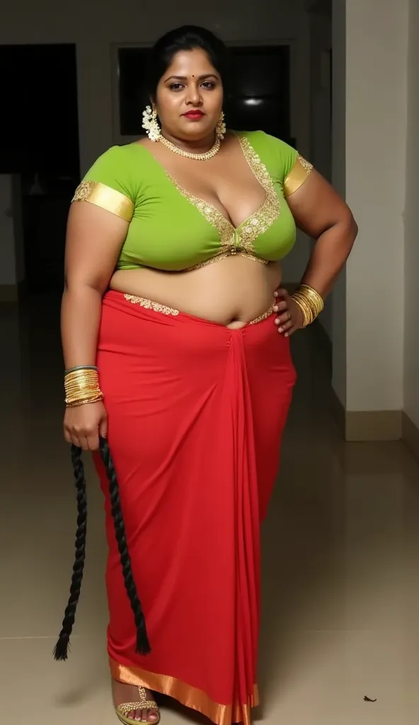 Indian extreme plus size BBW chubby fat busty dark skinned wide woman with dusty face with large breast and large fat curvey figure and wide shoulder and hair bun and wearing green deep neck tight fitting blouse with displaying cleavage and display navel a...