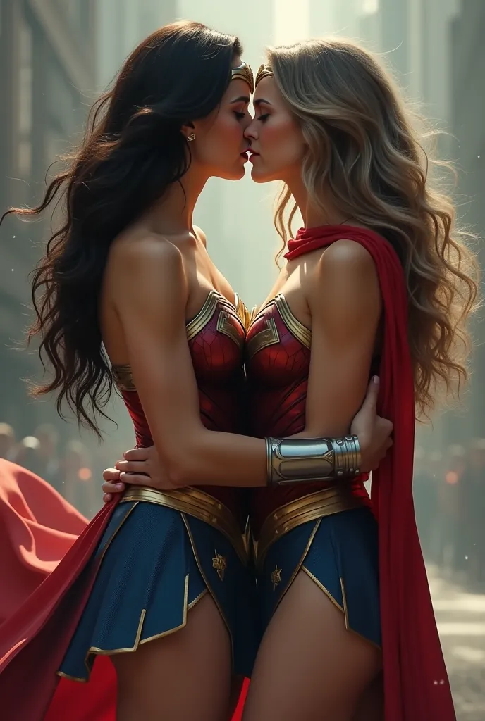 Wonder Woman Kisses Supergirl,BOTH SHORT SKIRTS,big , long sexy legs,Gray Hair
