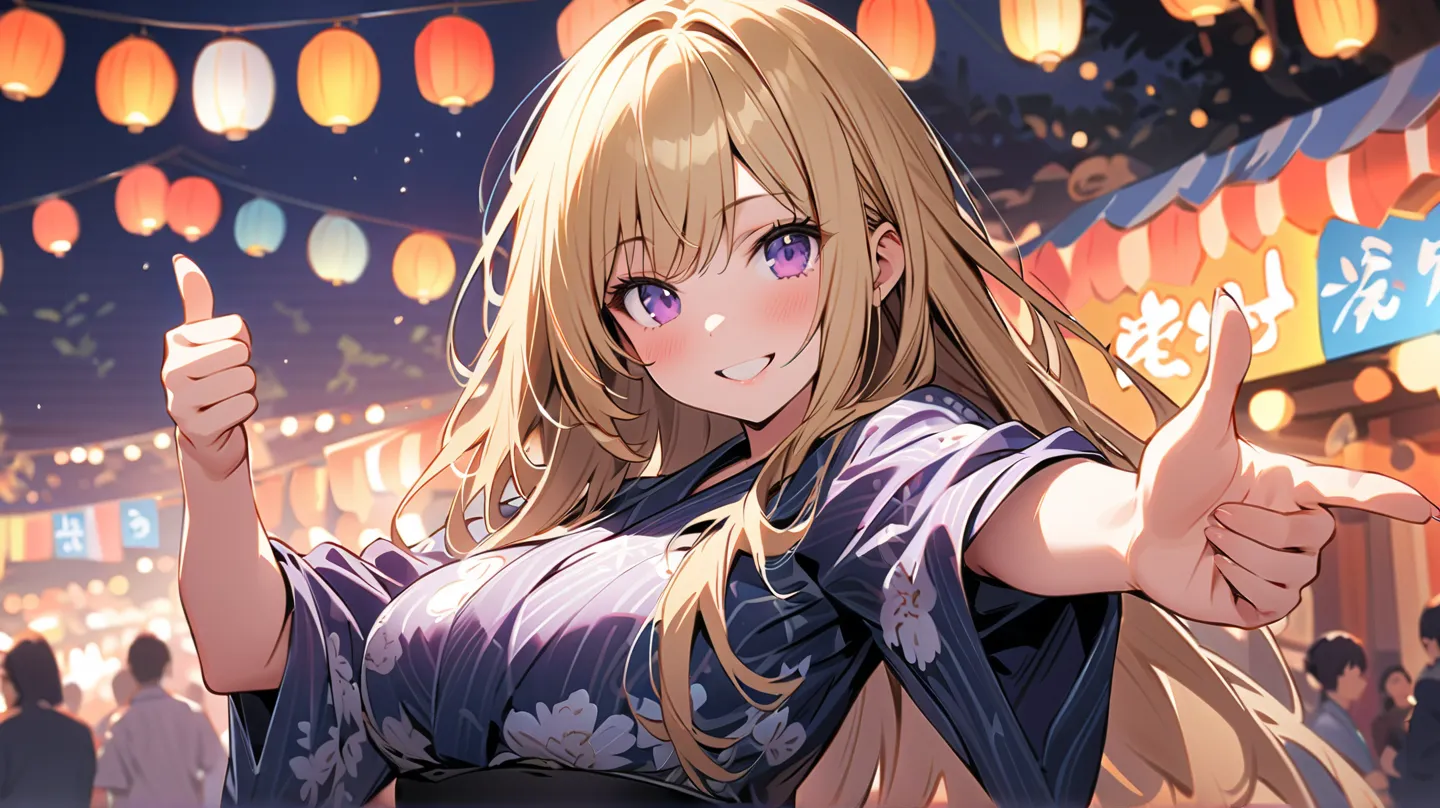 1 girl, alone, solo,
((top quality、High Resolution、very detailed 8K wallpaper))

purple eyes, (long hair,blonde hair),medium boobs,mature,smile,is refreshing,

Yukata,festival,Good pose, thumbs up,Put your hands out,viewers