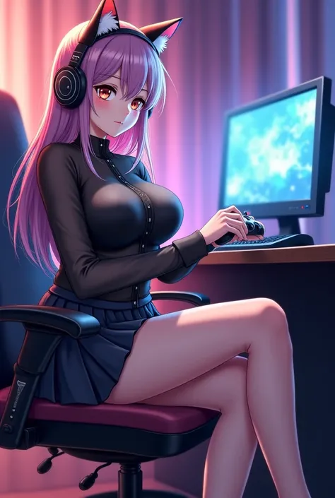 An anime about a woman sitting playing video games she has big breasts is wearing a short transparent black blouse with a short pleated skirt one of her legs is on top of the chair she is sitting on she wears cat headphones and her hair