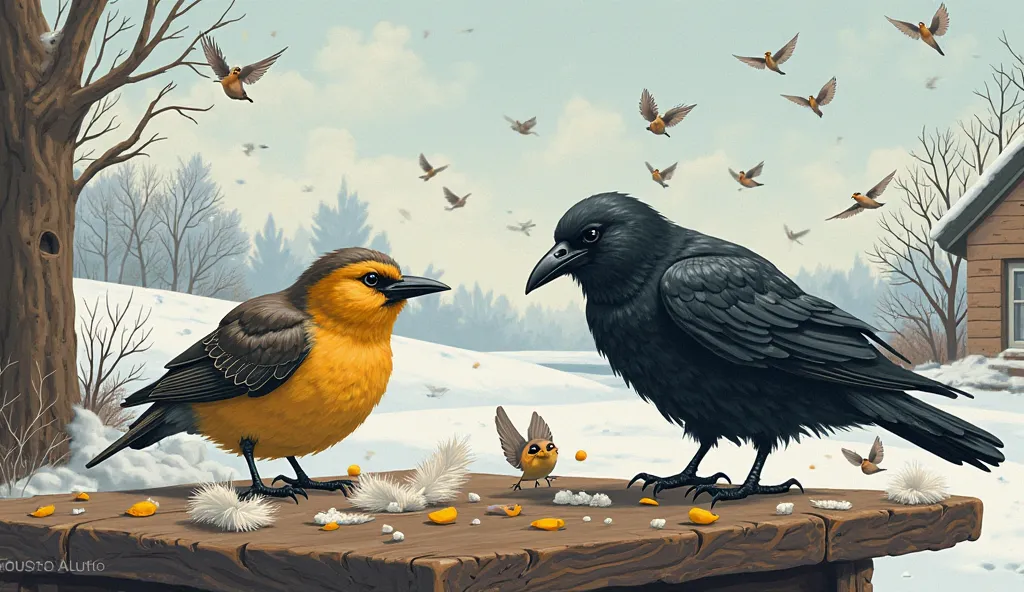 Continued Style, characters and background. Fat sparrow [cris] is beaten by the crow. Winter landscape. The sparrow and the fat crow to be placed on the brown wooden table, the table should be placed on the terrace of a house, on the table should be yellow...