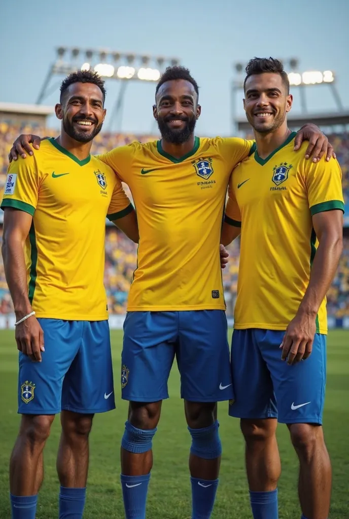 The image should look like a photo. On which three waist-deep football players stand, Brazilian appearance, wearing Brazilian football uniform and happy to win. The camera angle is below the players' belt. 